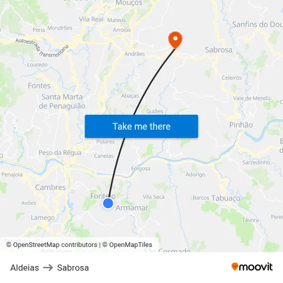 Aldeias to Sabrosa map