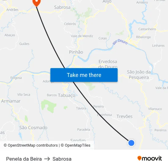 Penela da Beira to Sabrosa map