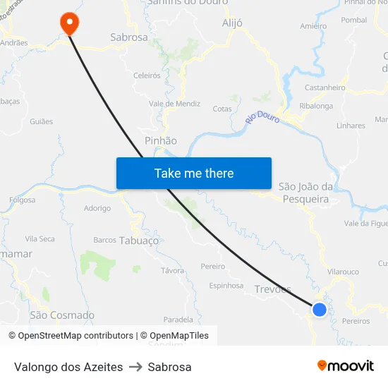 Valongo dos Azeites to Sabrosa map