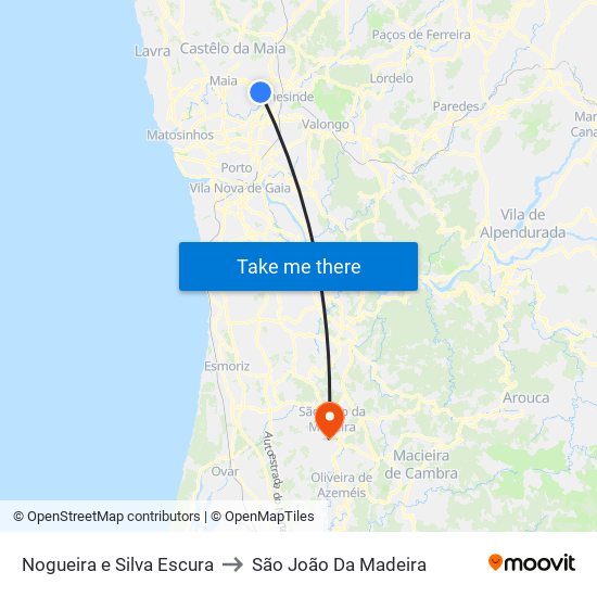 Nogueira e Silva Escura to São João Da Madeira map