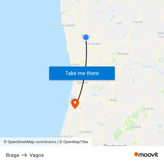 Braga to Vagos map
