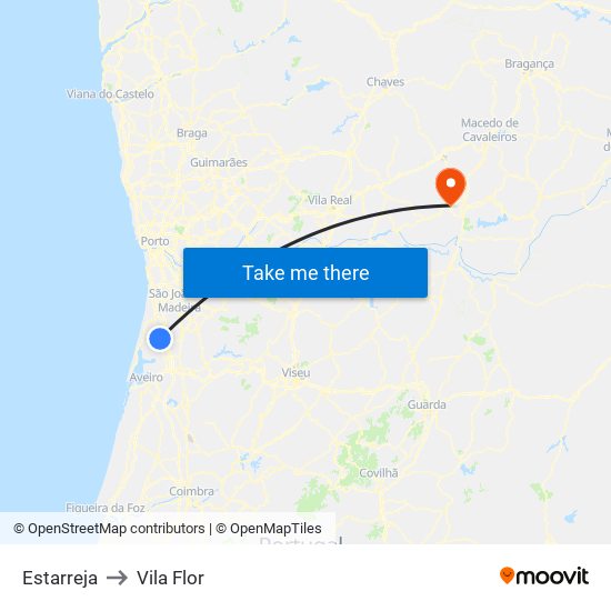 Estarreja to Vila Flor map