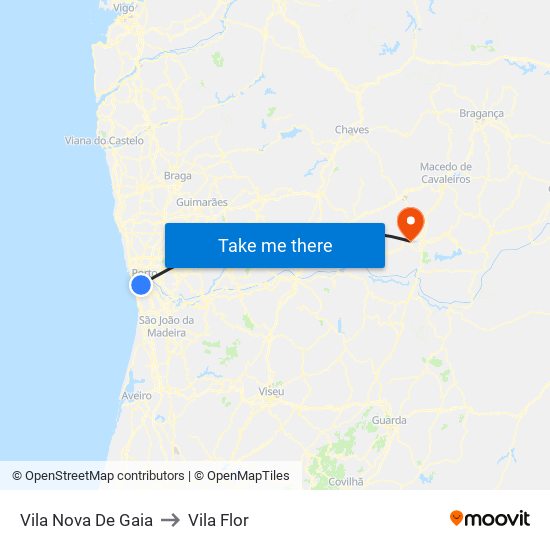 Vila Nova De Gaia to Vila Flor map