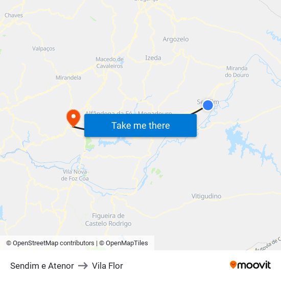 Sendim e Atenor to Vila Flor map