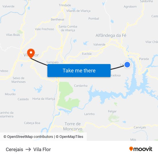 Cerejais to Vila Flor map