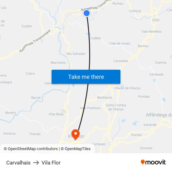 Carvalhais to Vila Flor map