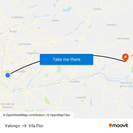 Valongo to Vila Flor map