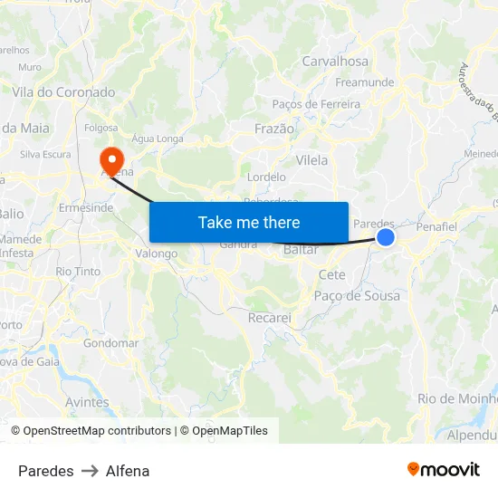 Paredes to Alfena map