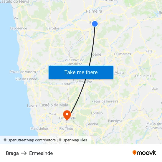 Braga to Ermesinde map