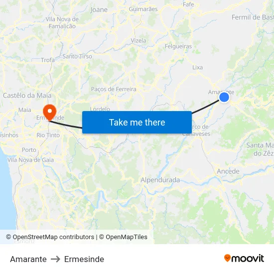 Amarante to Ermesinde map
