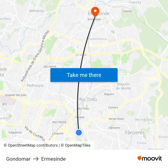 Gondomar to Ermesinde map
