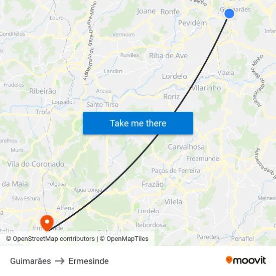 Guimarães to Ermesinde map