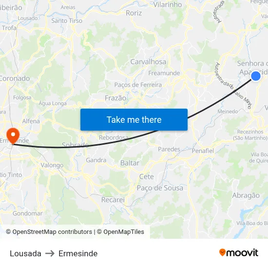 Lousada to Ermesinde map