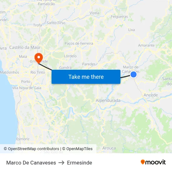 Marco De Canaveses to Ermesinde map