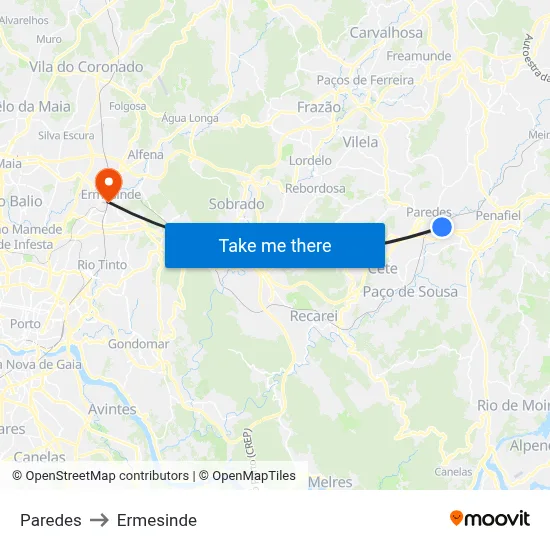 Paredes to Ermesinde map