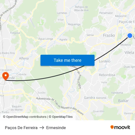 Paços De Ferreira to Ermesinde map