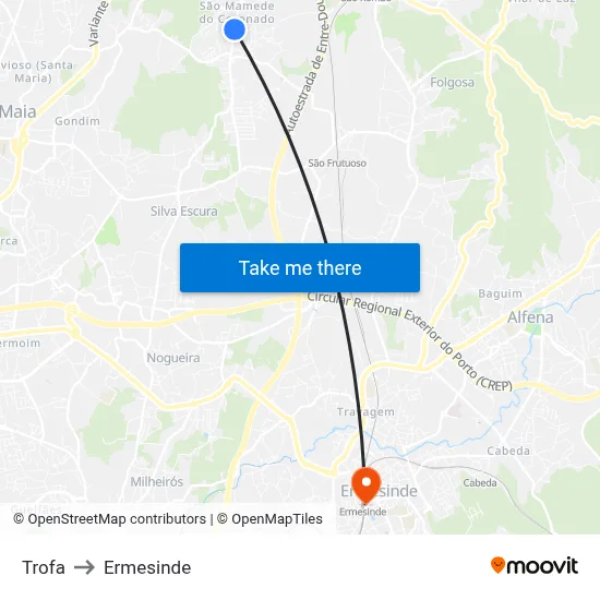 Trofa to Ermesinde map