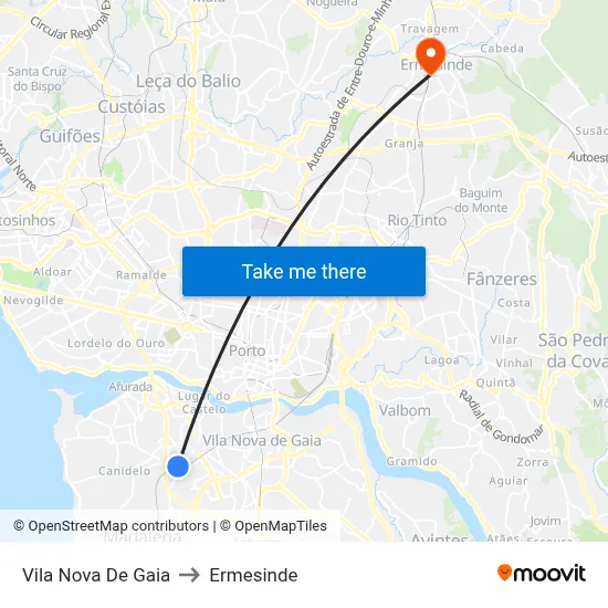 Vila Nova De Gaia to Ermesinde map