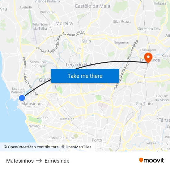 Matosinhos to Ermesinde map