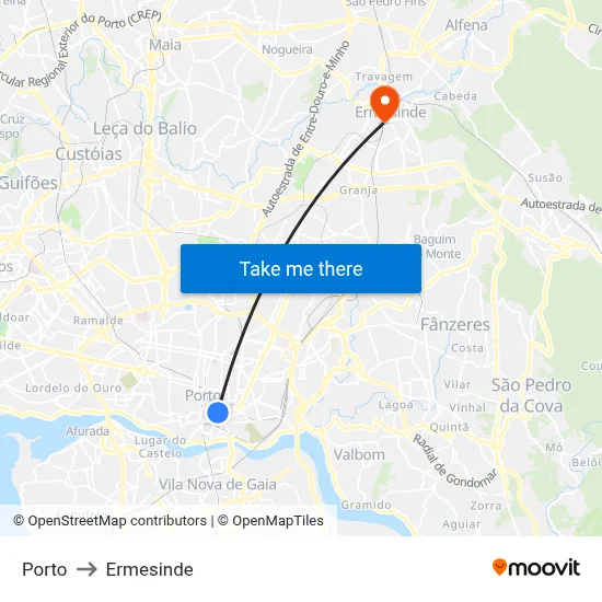 Porto to Ermesinde map
