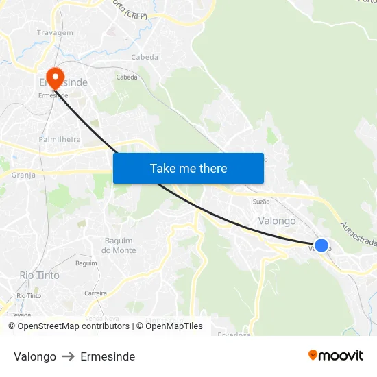 Valongo to Ermesinde map