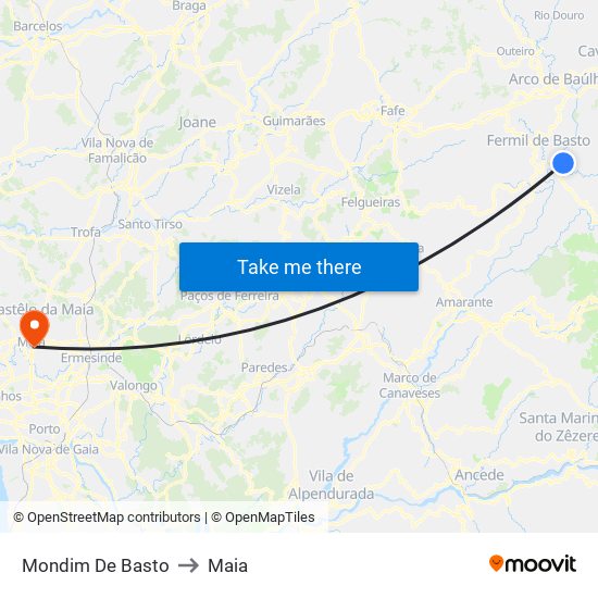 Mondim De Basto to Maia map