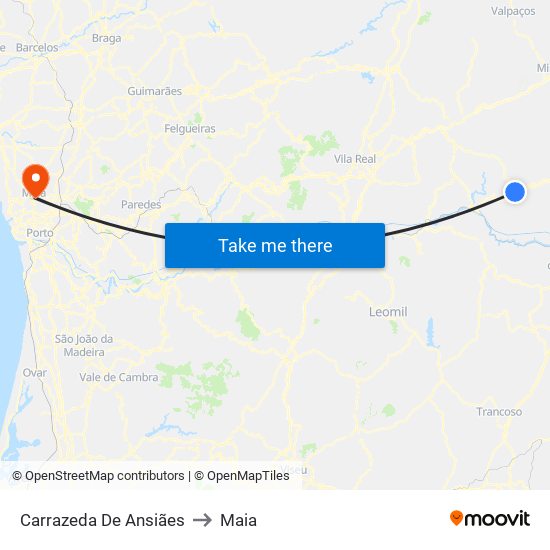 Carrazeda De Ansiães to Maia map