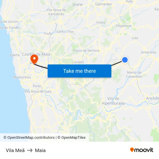Vila Meã to Maia map