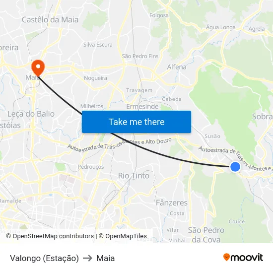 Valongo (Estação) to Maia map