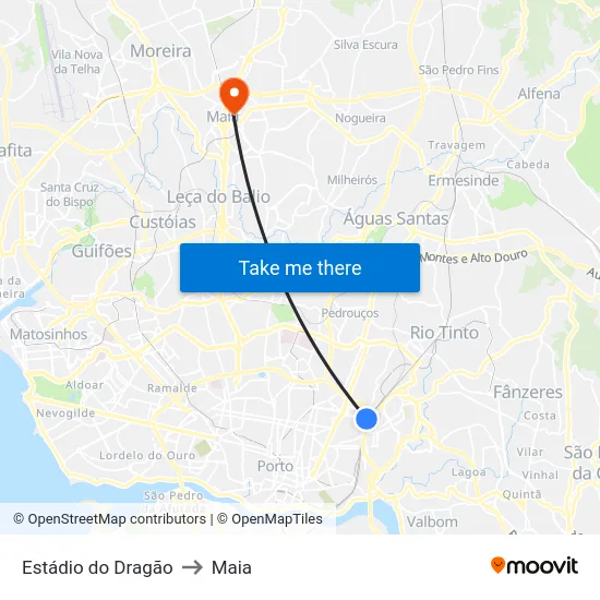 Estádio do Dragão to Maia map