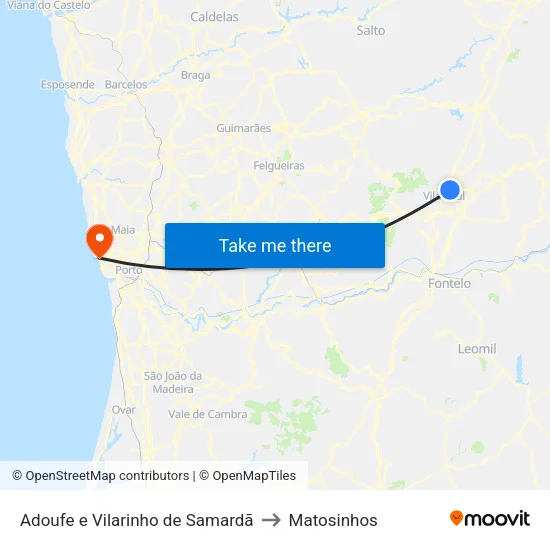 Adoufe e Vilarinho de Samardã to Matosinhos map