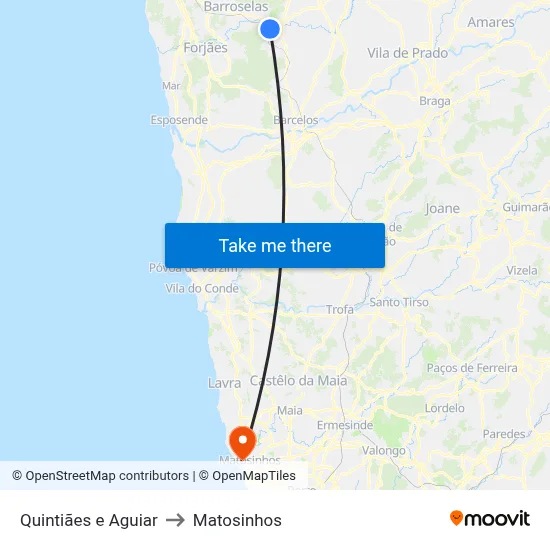 Quintiães e Aguiar to Matosinhos map