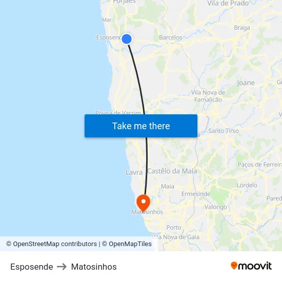 Esposende to Matosinhos map