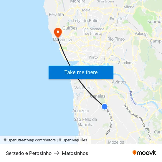 Serzedo e Perosinho to Matosinhos map