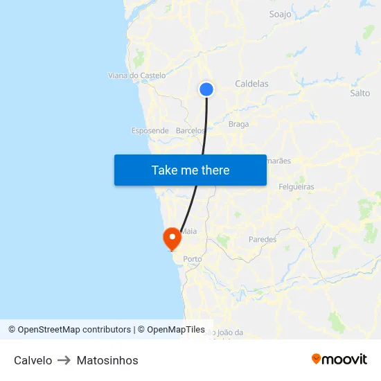 Calvelo to Matosinhos map