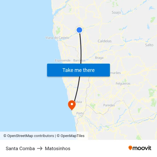 Santa Comba to Matosinhos map