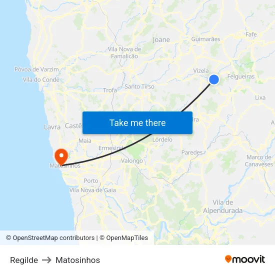 Regilde to Matosinhos map