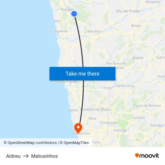 Aldreu to Matosinhos map