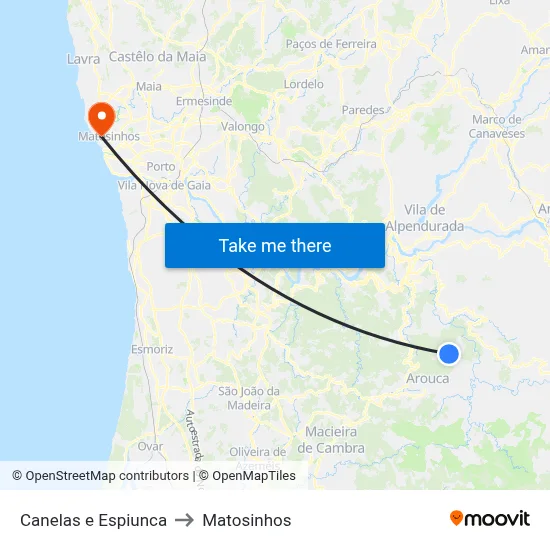 Canelas e Espiunca to Matosinhos map