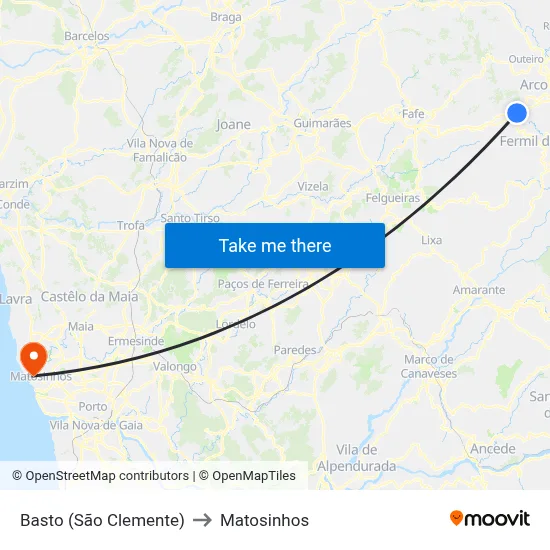Basto (São Clemente) to Matosinhos map
