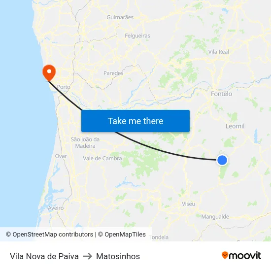 Vila Nova de Paiva to Matosinhos map