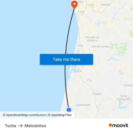 Tocha to Matosinhos map