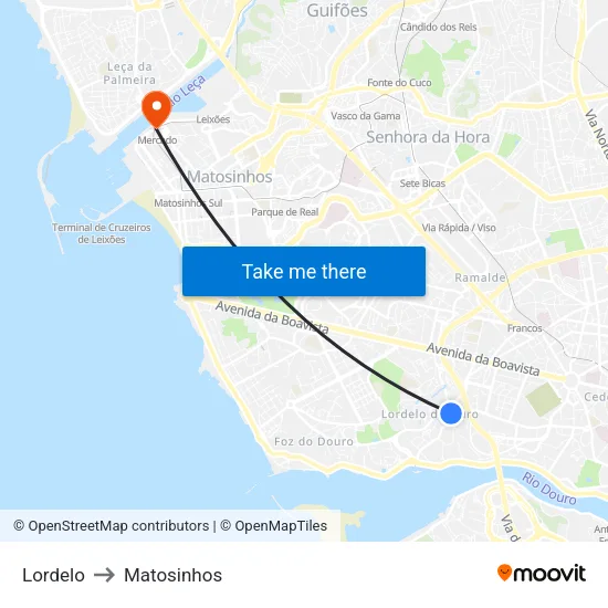 Lordelo to Matosinhos map
