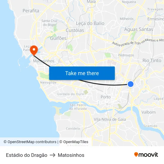 Estádio do Dragão to Matosinhos map