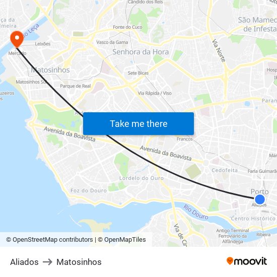 Aliados to Matosinhos map