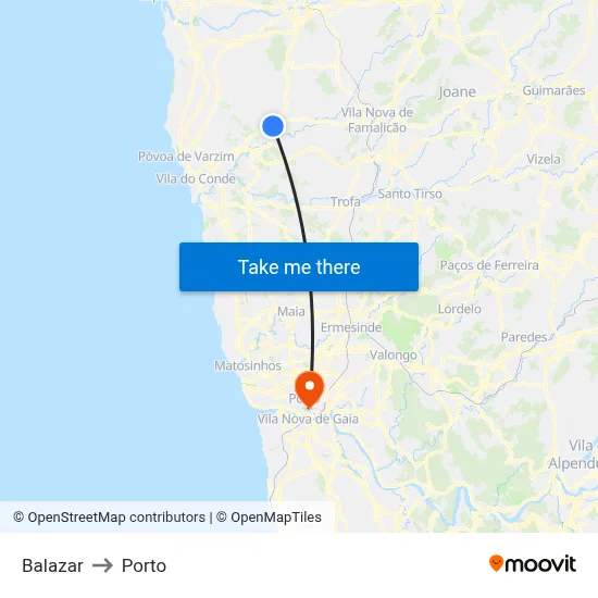 Balazar to Porto map