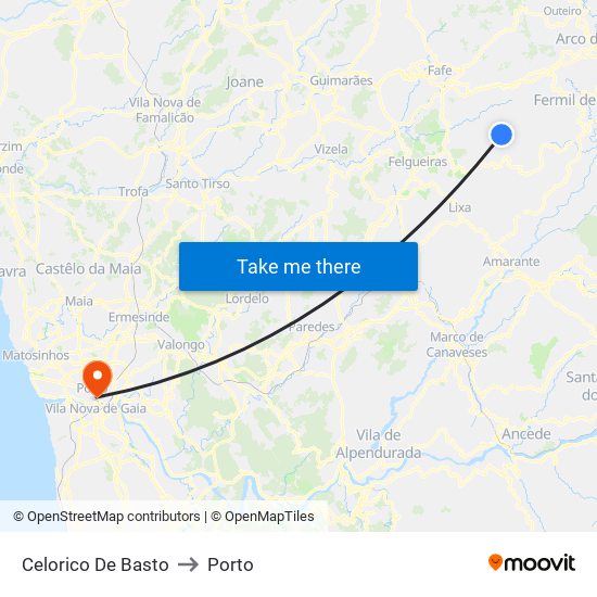 Celorico De Basto to Porto map