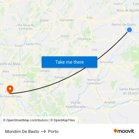 Mondim De Basto to Porto map