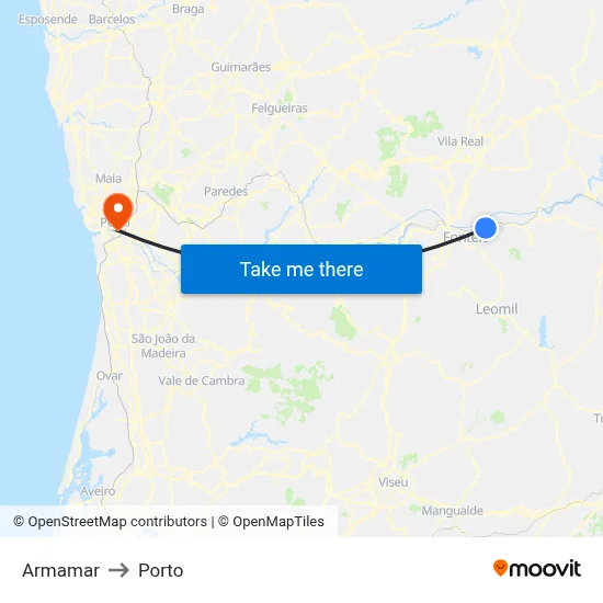 Armamar to Porto map