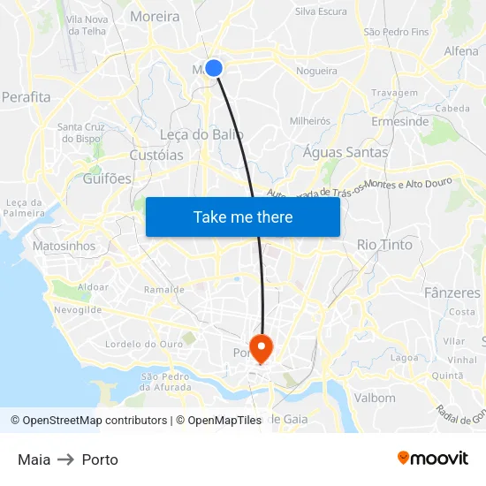 Maia to Porto map